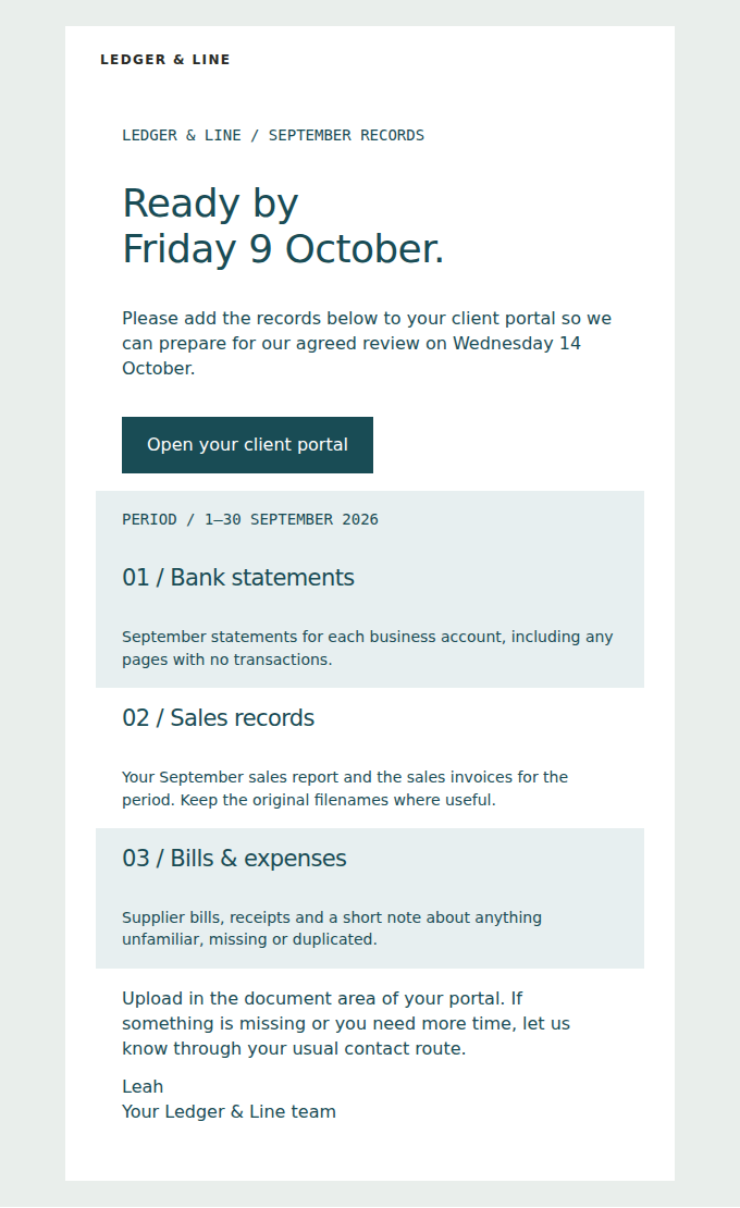LEDGER & LINE: Three document groups for your agreed monthly review.
