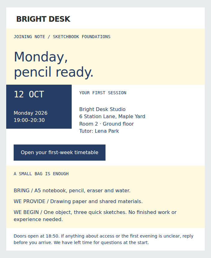 BRIGHT DESK: Sketchbook Foundations starts 12 October at 19:00.
