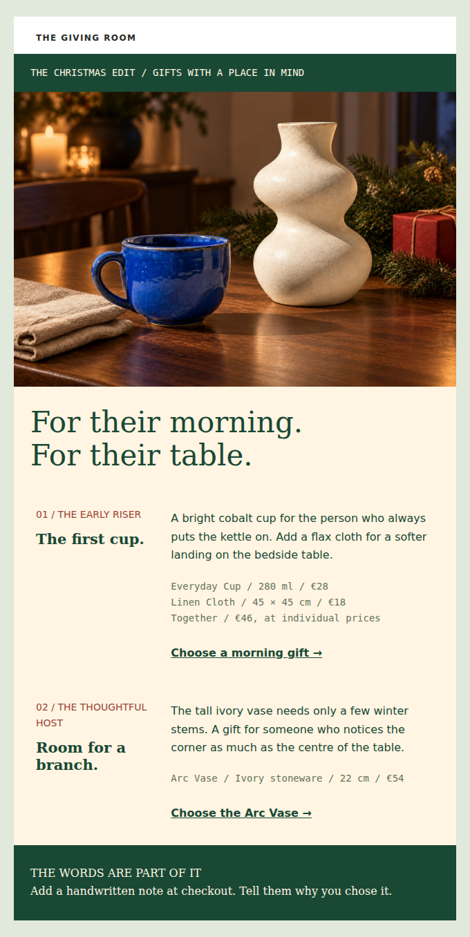 THE GIVING ROOM: Two gift ideas, chosen by how someone will use them — from €28.