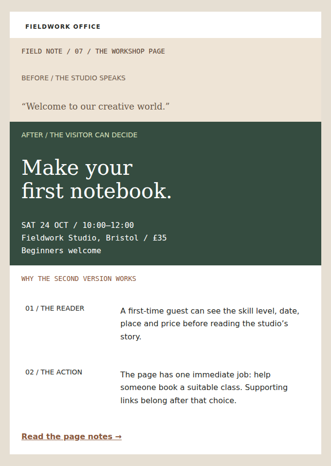 FIELDWORK OFFICE: A workshop page before and after: same event, a much clearer invitation.