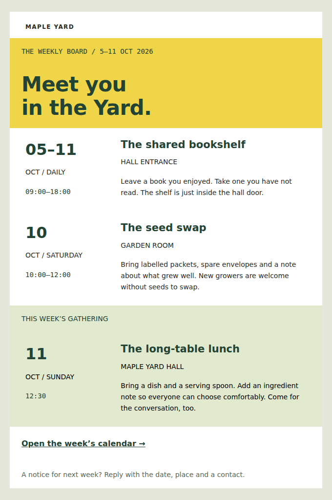 MAPLE YARD: Seed swap, shared books and the Sunday table — 5–11 October 2026.