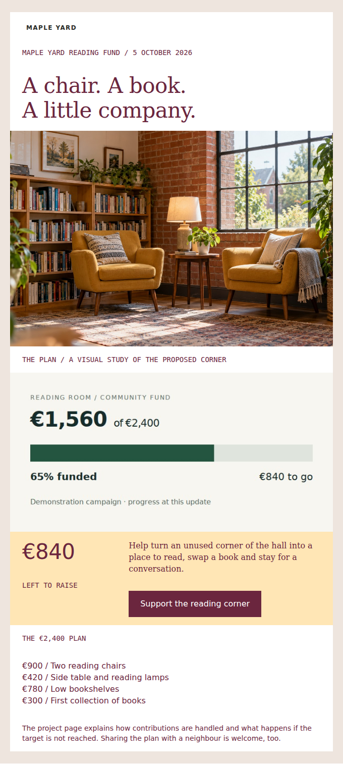 MAPLE YARD: The reading corner is 65% funded. Here is the plan, and where the money goes.