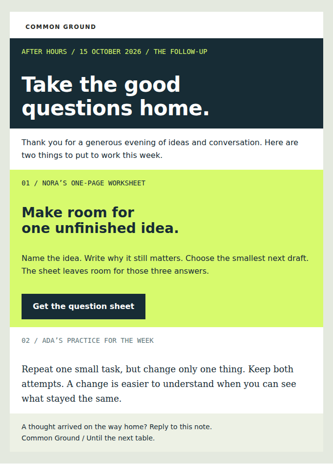 COMMON GROUND: The worksheet from Nora’s talk, plus a practical prompt from Ada.