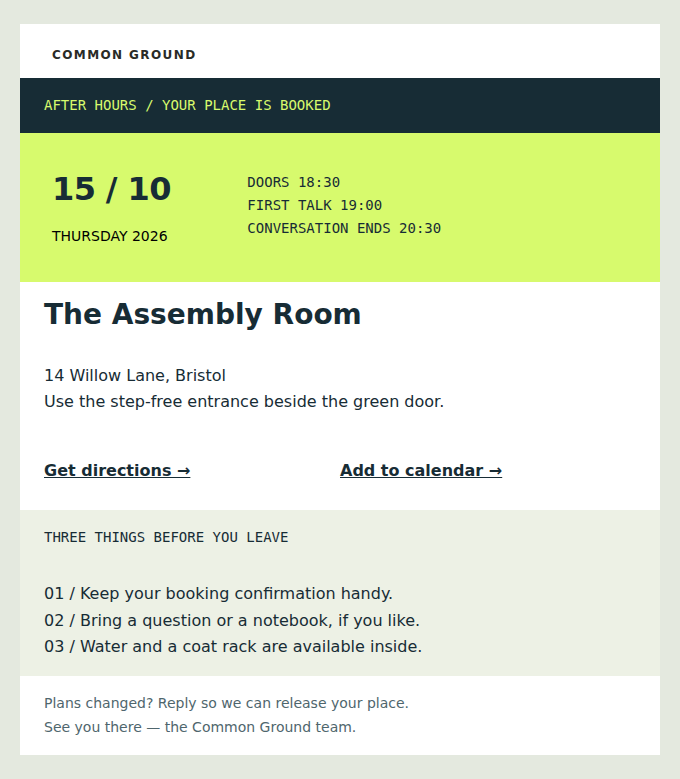 COMMON GROUND: Thursday 15 October: doors 18:30, first talk 19:00, the Assembly Room.