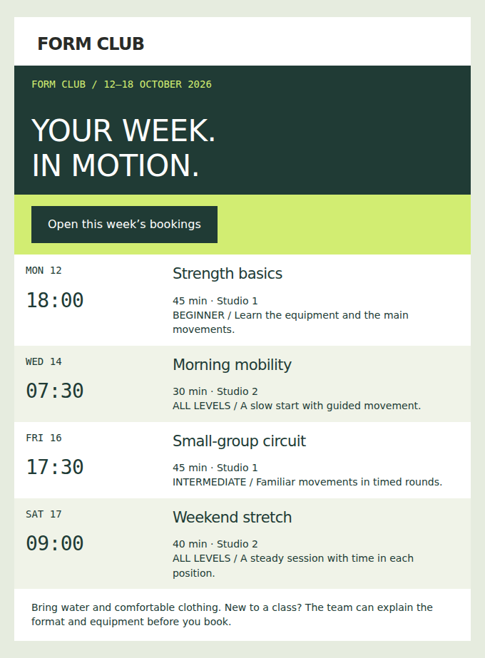 FORM CLUB: 12–18 October: a clear view of the week at Form Club.