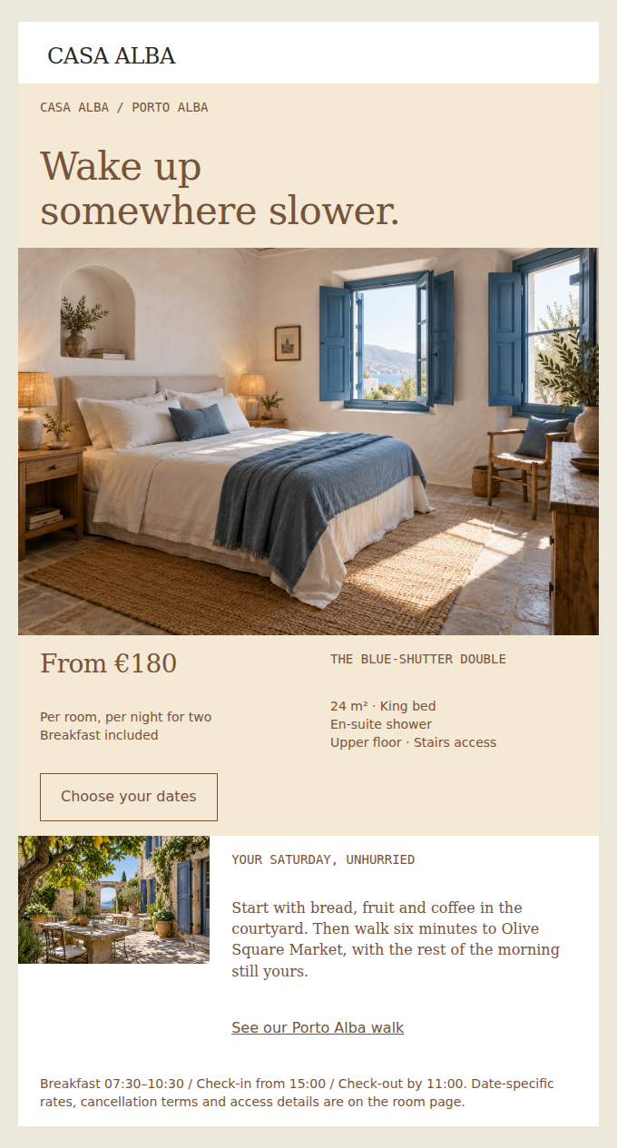 CASA ALBA: A blue-shuttered room, a market walk, and breakfast in the courtyard.
