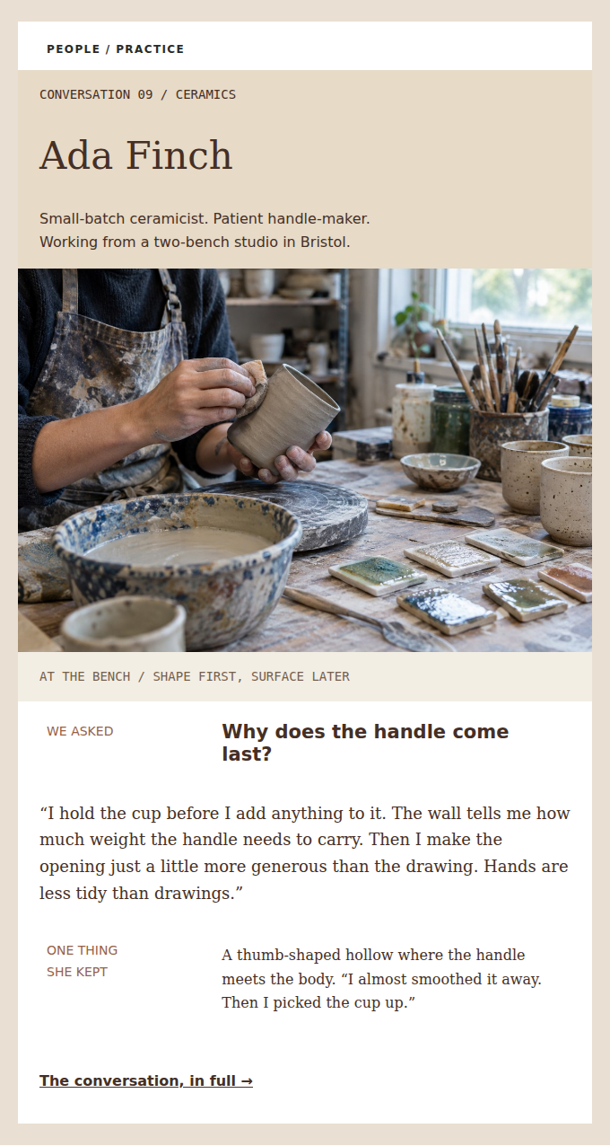 PEOPLE / PRACTICE: At a small ceramics studio, one maker explains the decision behind a generous handle.