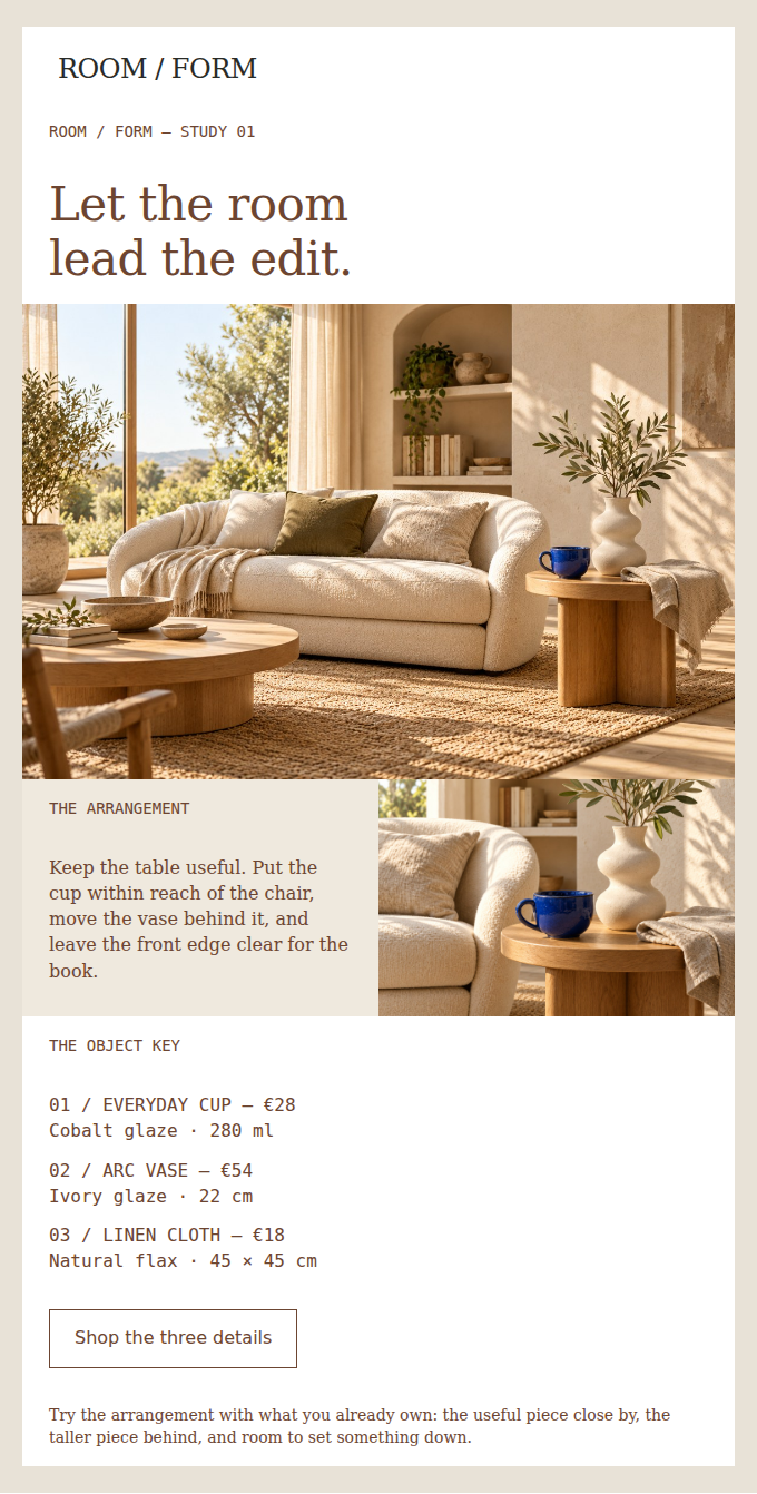 ROOM / FORM: A reading corner, with the three small details in context.