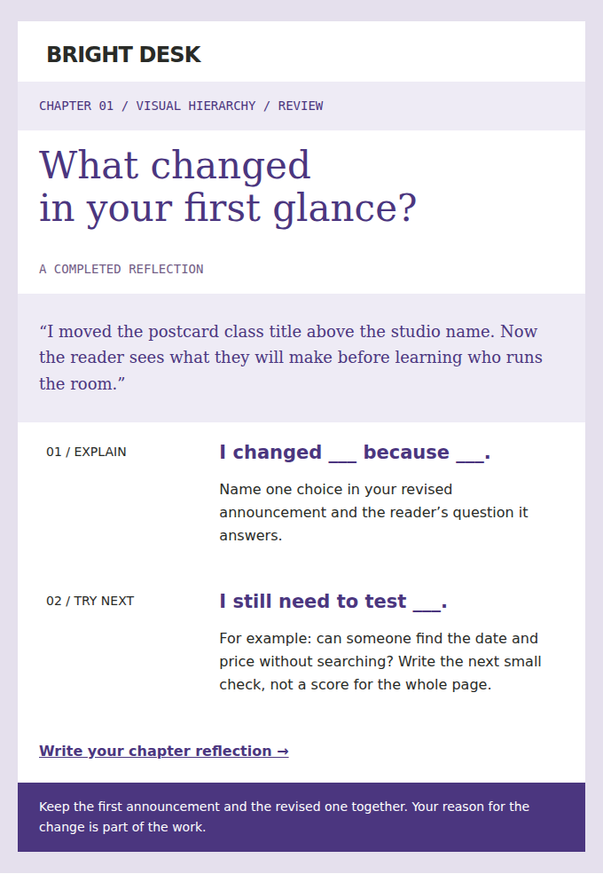 BRIGHT DESK: A completed reflection and two prompts to carry into your next page.