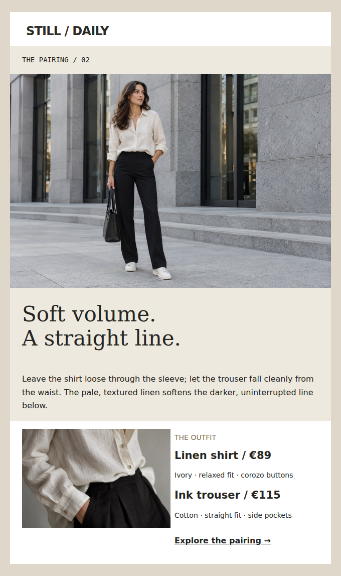 STILL / DAILY: An ivory linen shirt and ink trouser, styled as one easy everyday silhouette.