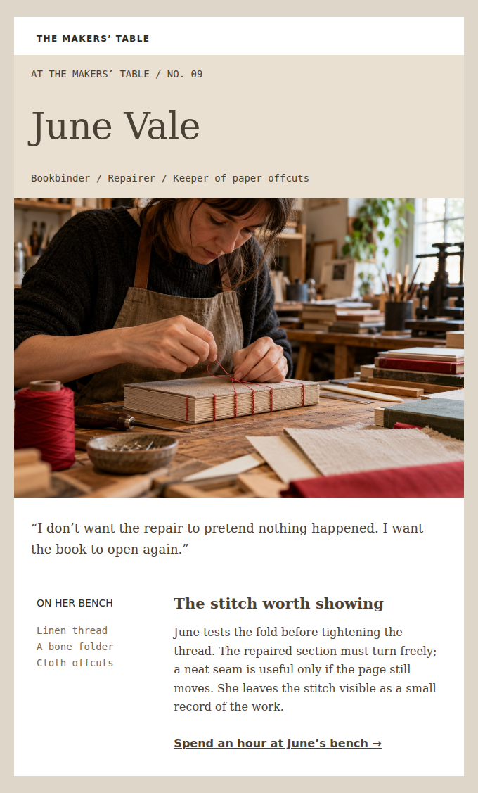 THE MAKERS’ TABLE: A bookbinder’s repair detail, an everyday tool and a useful question.