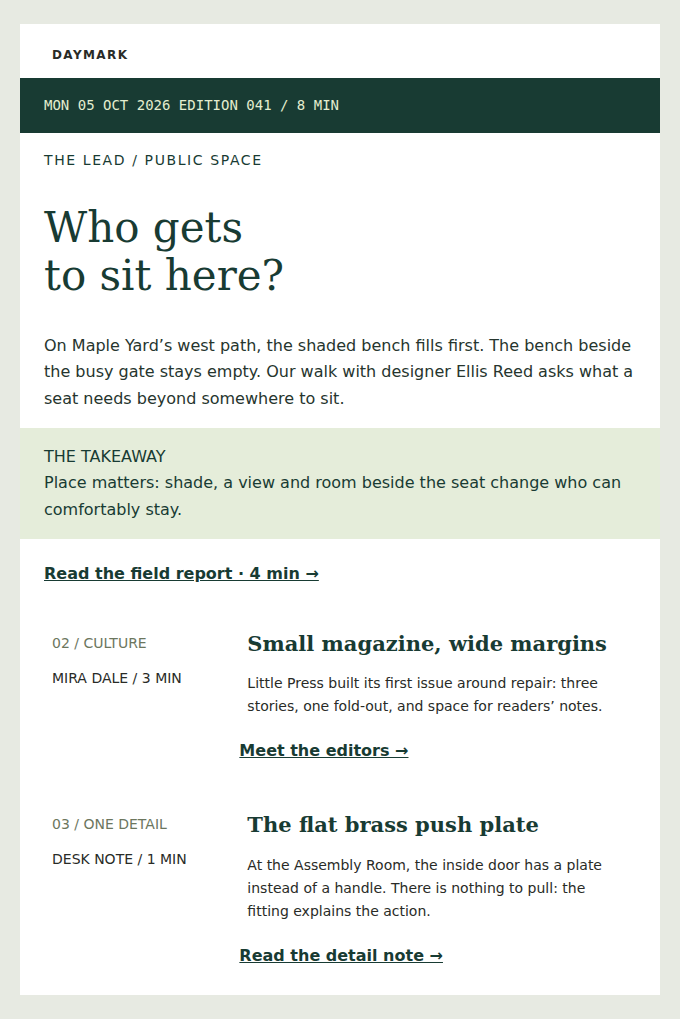 DAYMARK: Monday’s briefing: public benches, little magazines, and one useful door detail.