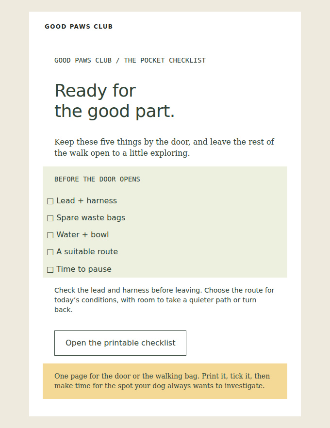 GOOD PAWS CLUB: A pocket checklist, then time for a few good pauses.