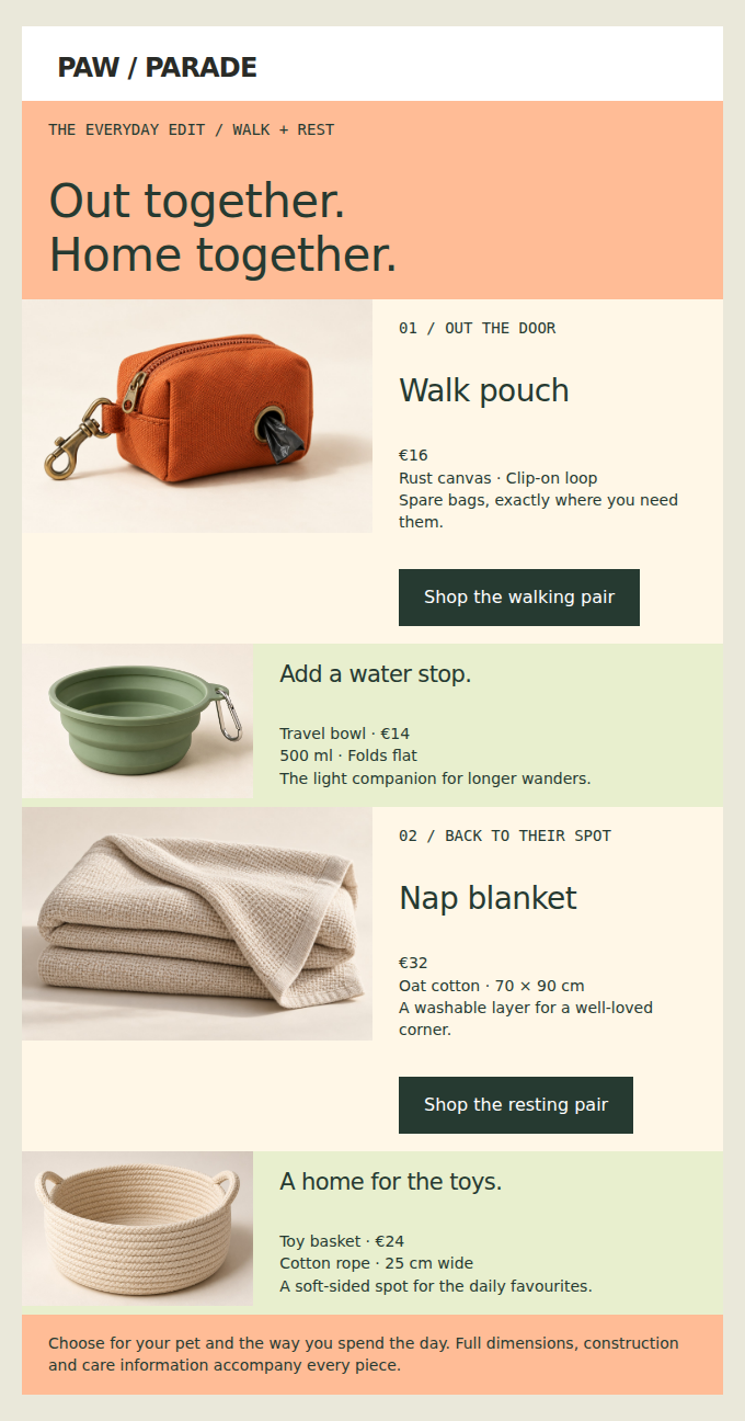 PAW / PARADE: Two useful pairings for the best parts of a dog’s day.