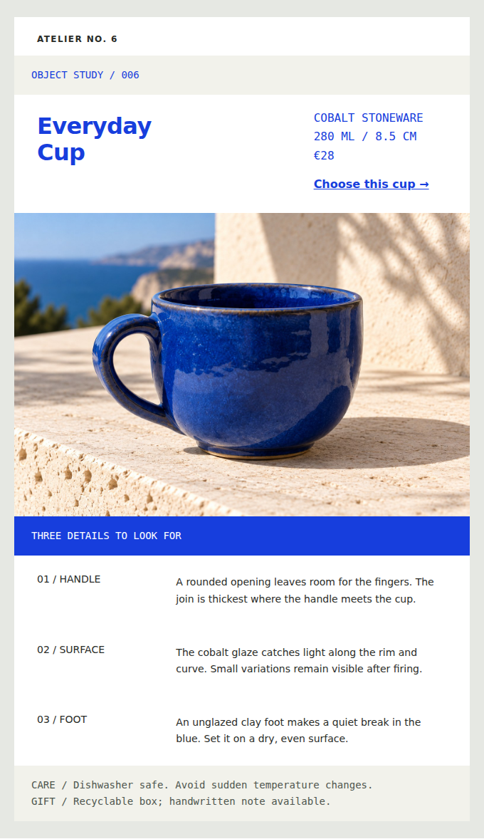 ATELIER NO. 6: 280 ml, 8.5 cm tall, a rounded handle: a precise look at one blue cup.