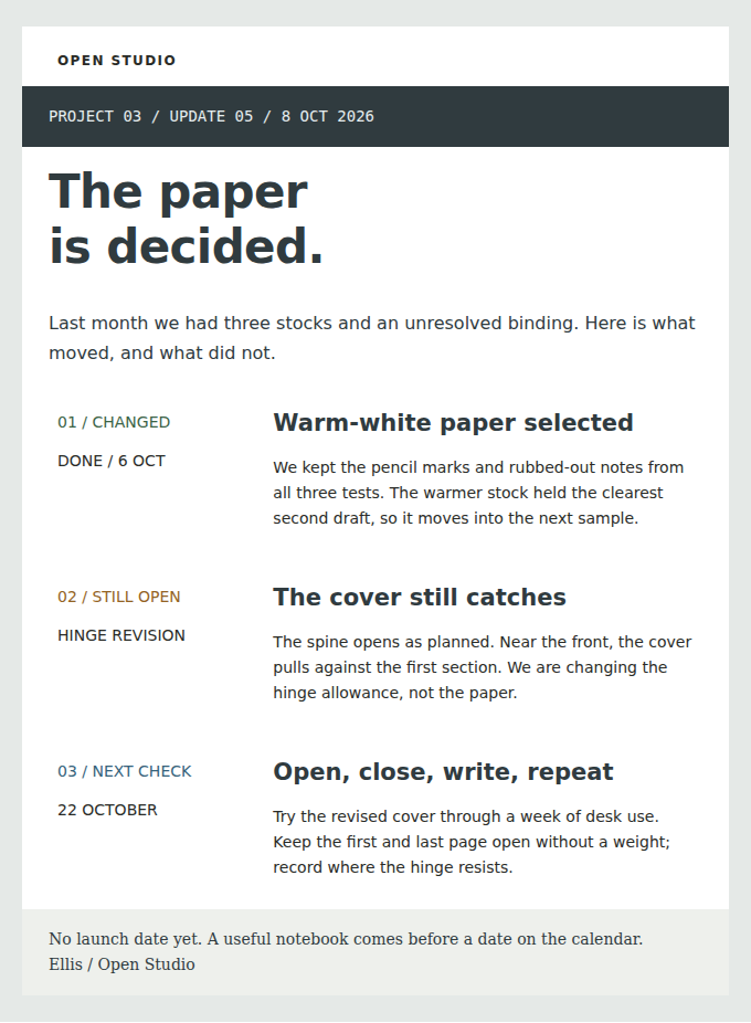 OPEN STUDIO: Paper selected; the cover hinge remains open; next check on 22 October.