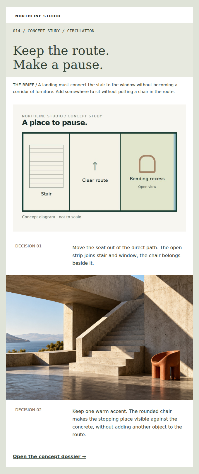 NORTHLINE STUDIO: One clear route, one recessed seat: a concept study in circulation and pause.