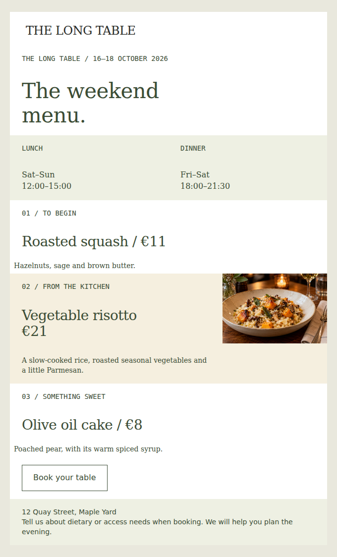 THE LONG TABLE: Our weekend menu for 16–18 October, from €11 to begin.
