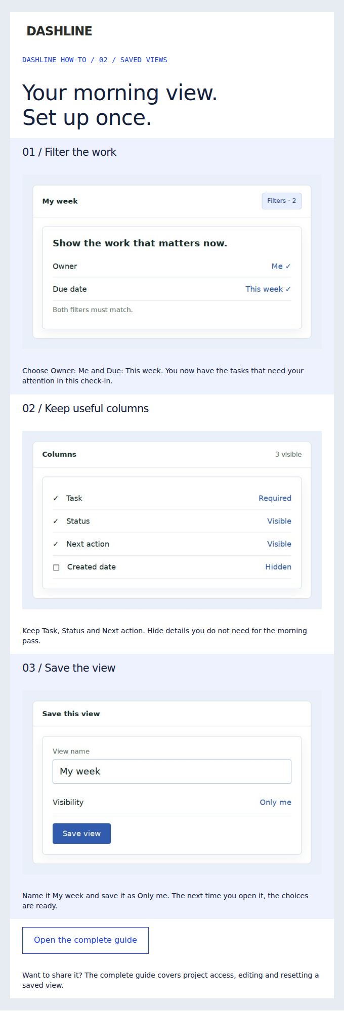 DASHLINE: One useful setup for the work that needs your attention next.