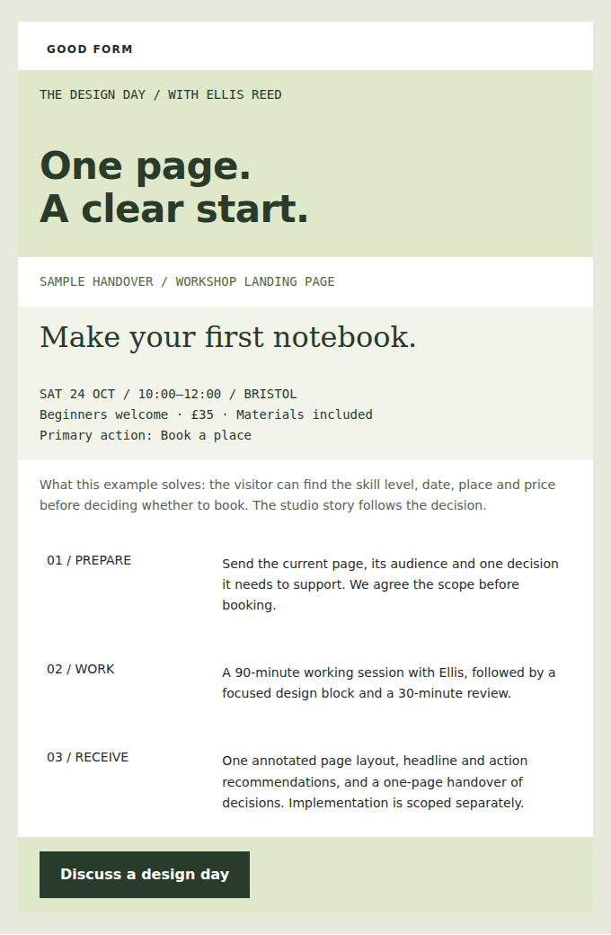 GOOD FORM: One workshop landing page, a clear hierarchy, and a practical handover.