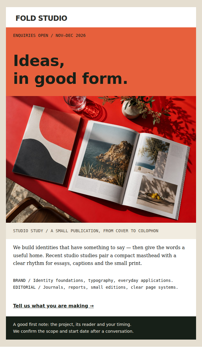 FOLD STUDIO: Brand and editorial projects with November–December 2026 starts.