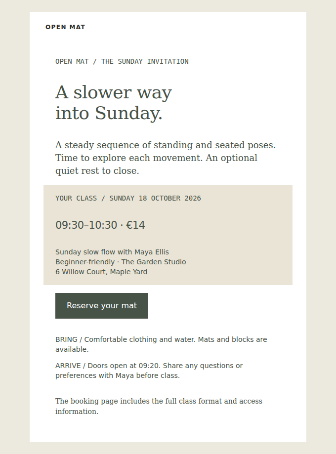 OPEN MAT: Join Maya at the Garden Studio on 18 October.