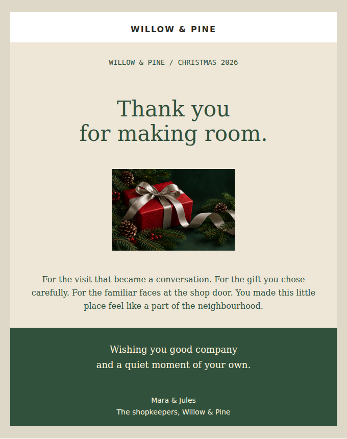 A Christmas greeting with gift photography and forest-green typography