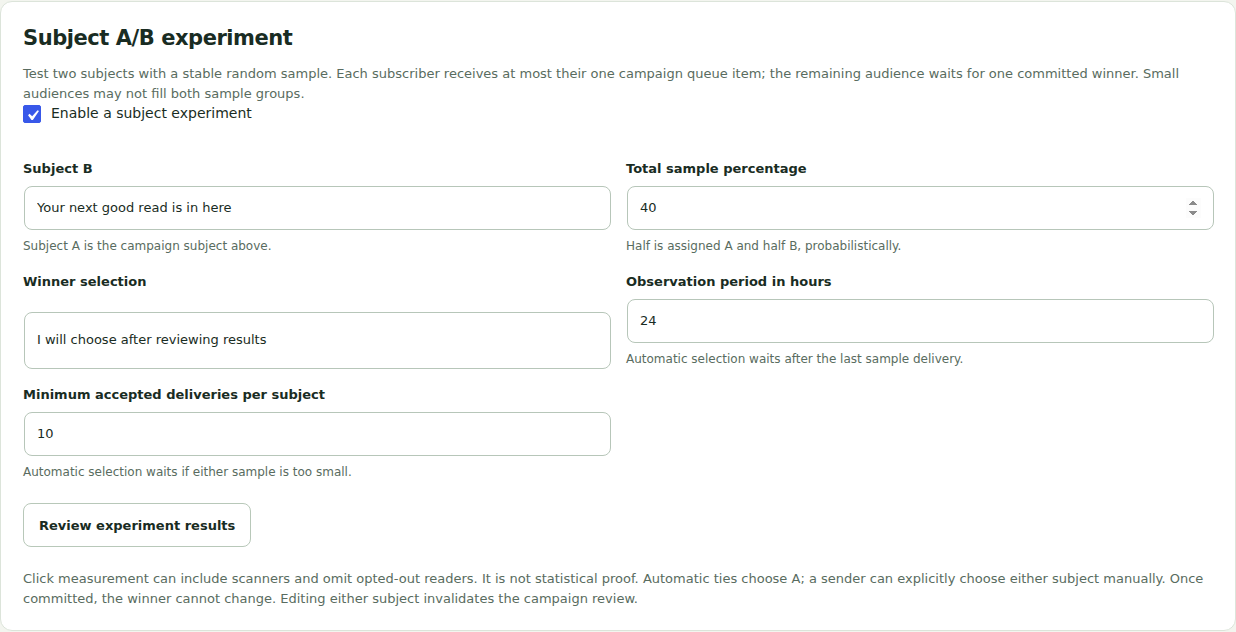Compare two subject lines using a stable sample; the remaining audience waits for a committed winner.